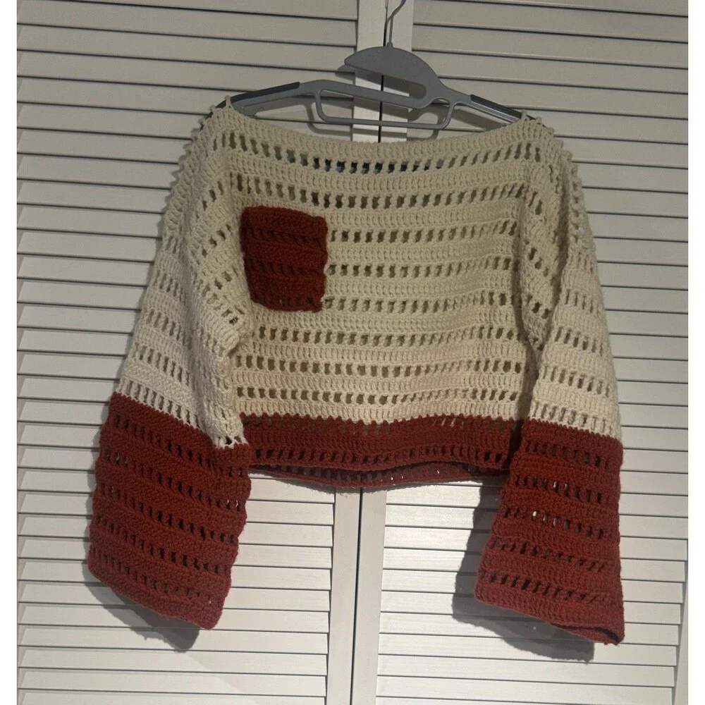 Boho Handmade Crochet Bell Sleeve Crop Top Rust Cream Boat Neck Sweater S/M